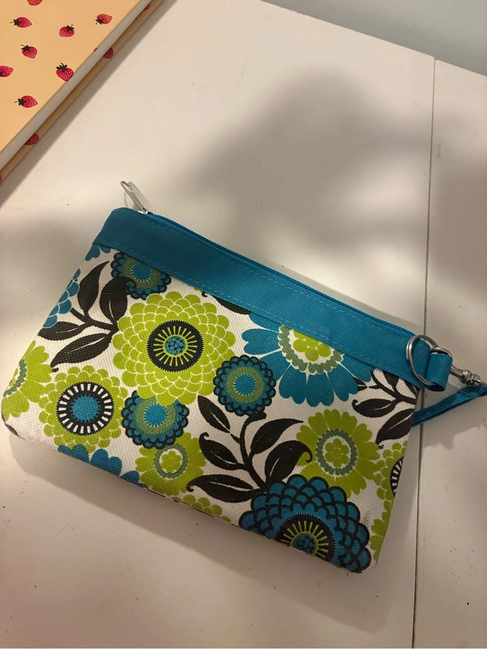 Floral Blue & Green Wristlet Pouch with Monogram Accent